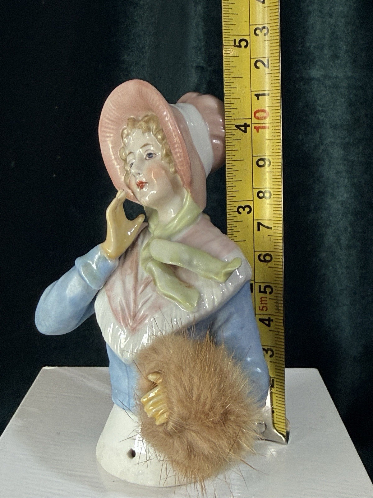 Unidentified Antique German 4.5” Pin Cushion Half Doll Arms Away With Fur Muff