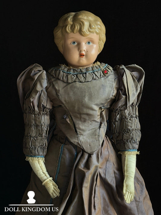 Antique German 24” Minerva Metal Tin Head Fashion Doll