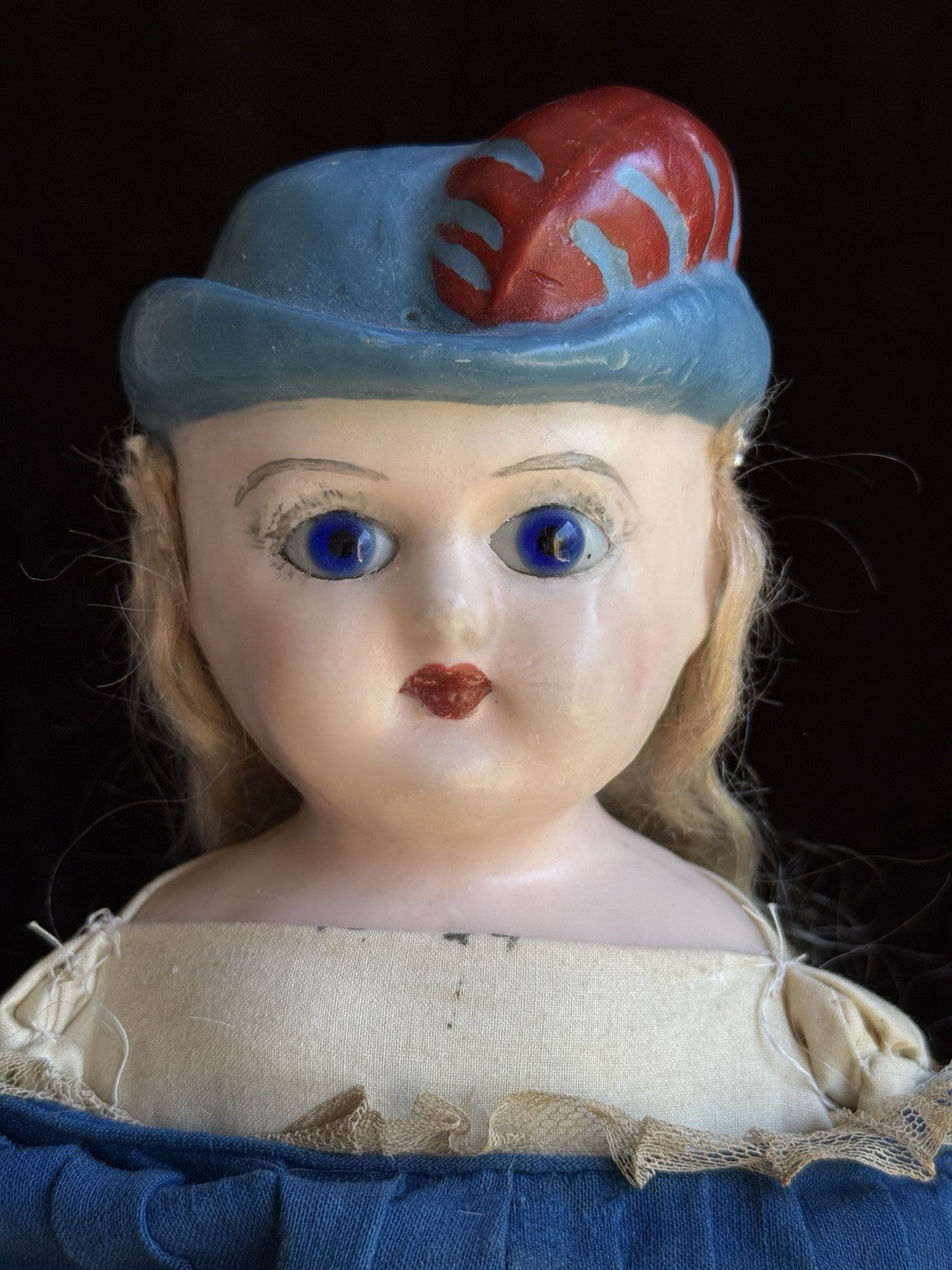 Rare Antique German 20” Wax Over Papier Mache Molded Hat Doll