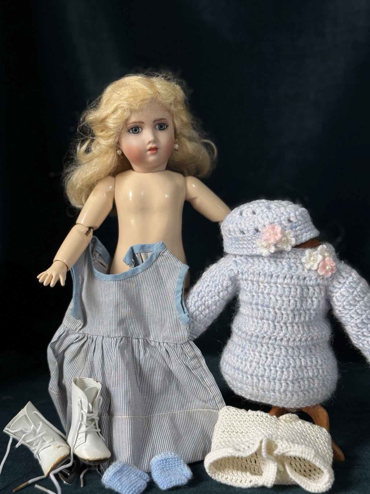 Porcelain/Composition 11” Reproduction of Antique French Bleuette Doll Skater