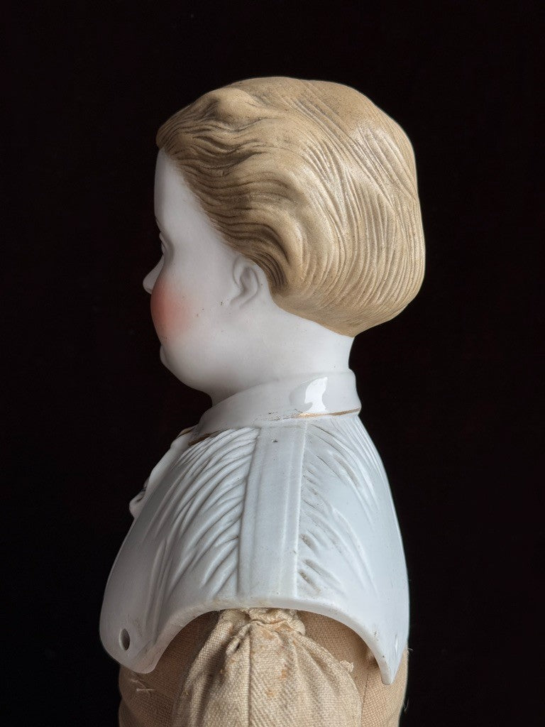 Large Antique German Kling 27” Dresden China Parian Molded Shoulder Head Doll