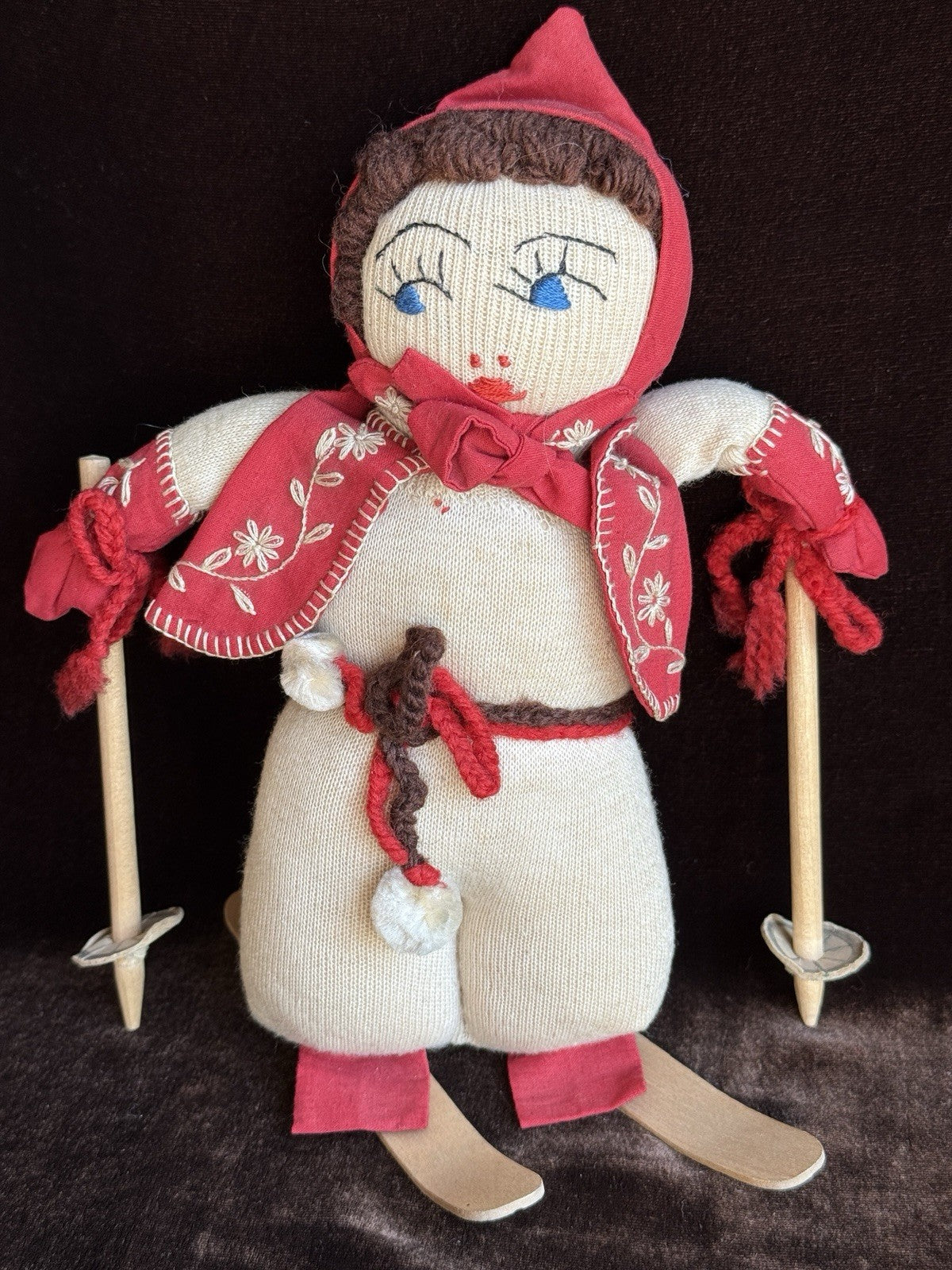 Lot of 2 Vintage Stockinette Knitted Embroidered Cloth Dolls