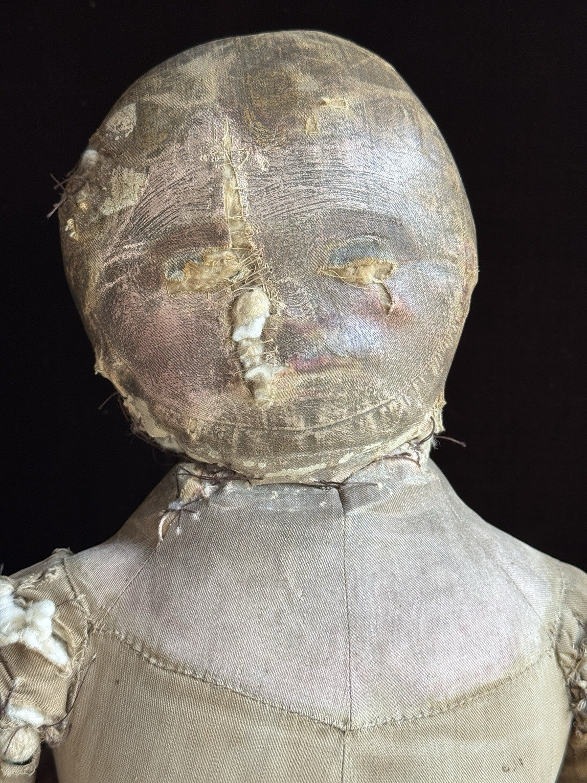 Early Antique American 28” Primitive Folk Cloth Rug Oil Painted Doll