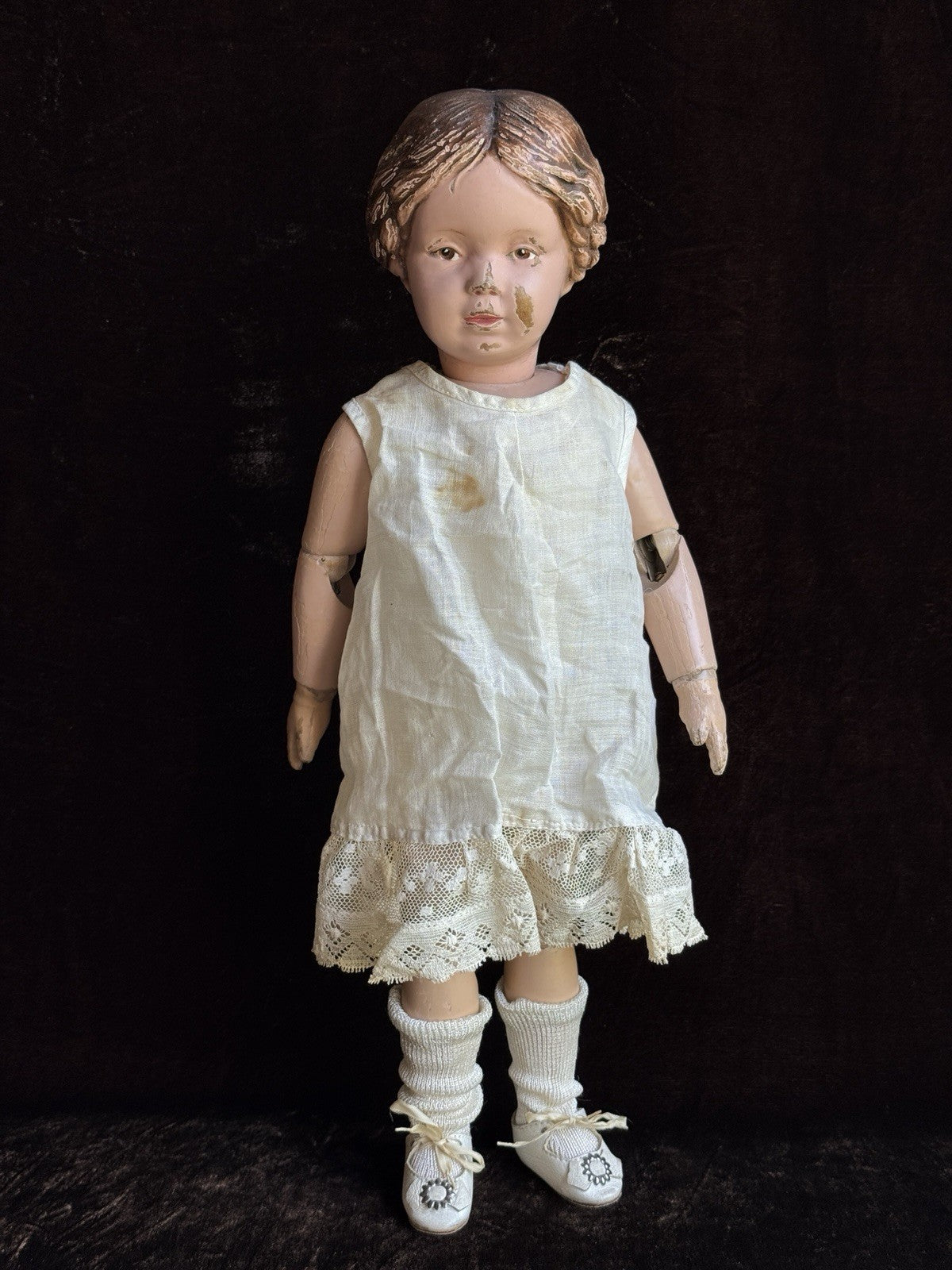 Antique American 16.5” Schoenhut 102 Series Wooden Doll Carved Braided Hair Bow