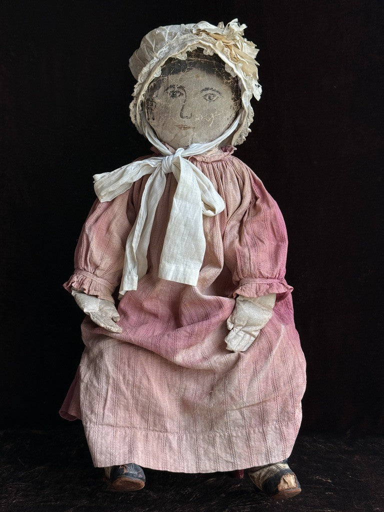 Early Antique American 28” Primitive Folk Cloth Rug Oil Painted Portrait Doll
