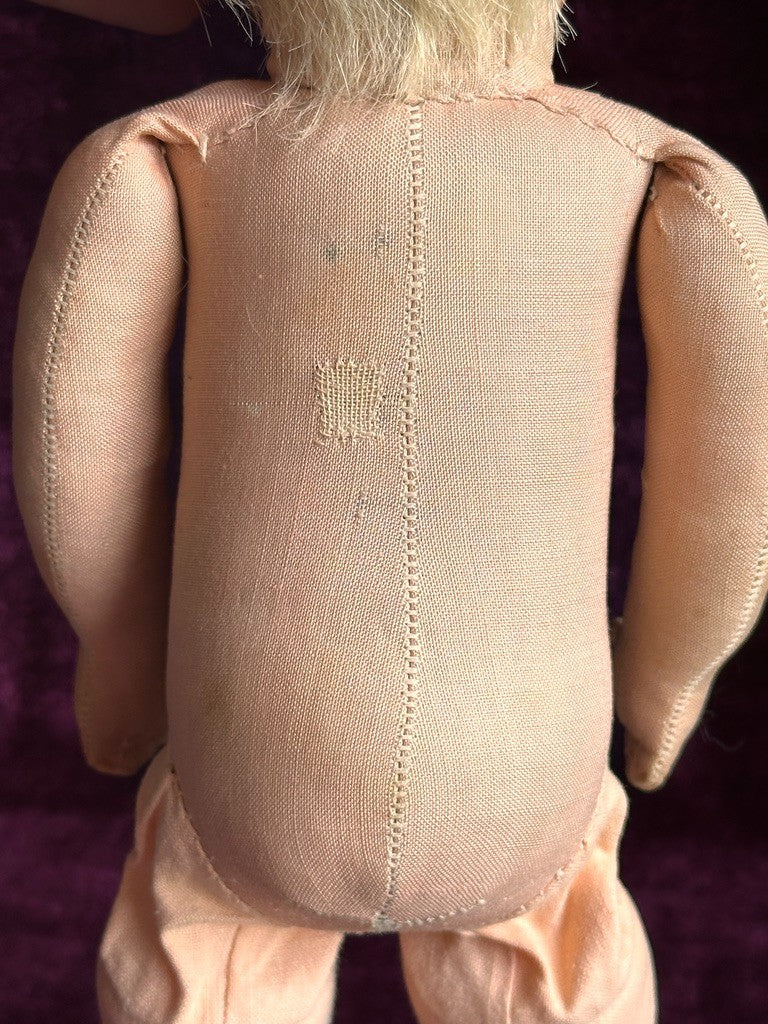Antique German 14.” Early Kathe Kruse Hampelchen Cloth Doll Human Hair Wig