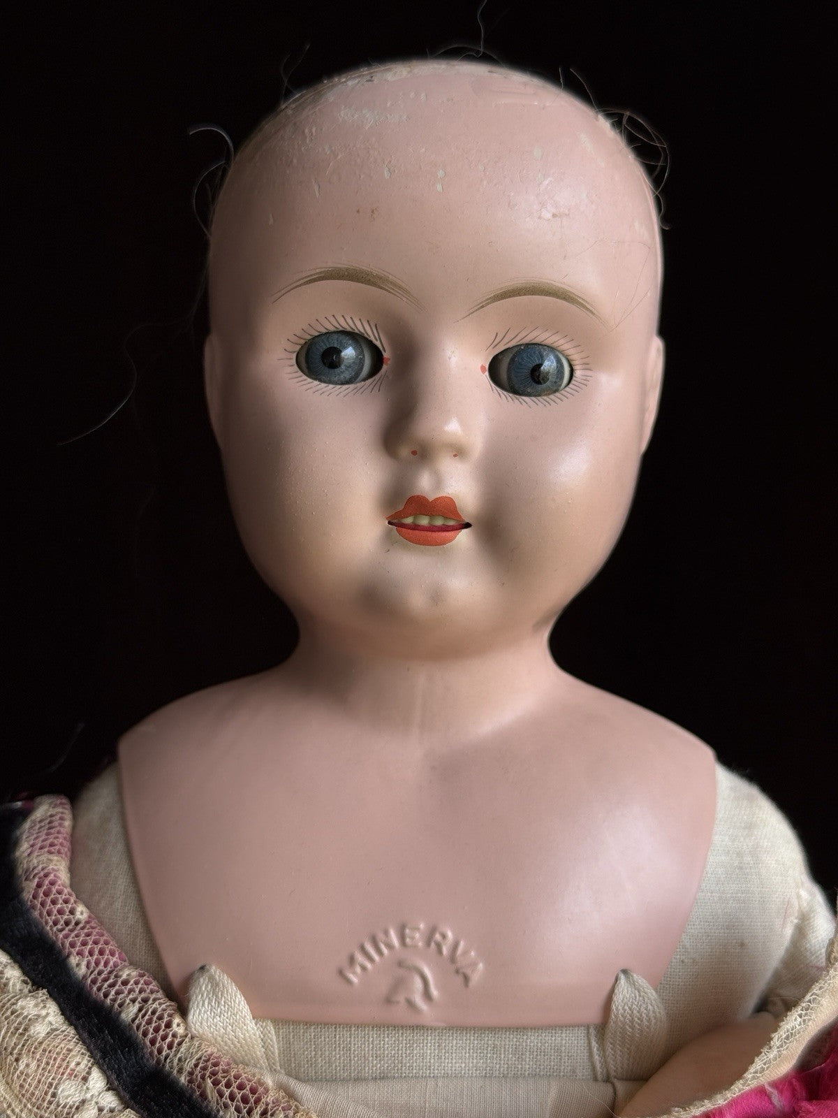 Antique German 22” Minerva Metal Tin Head Fashion Doll with Glass Eyes