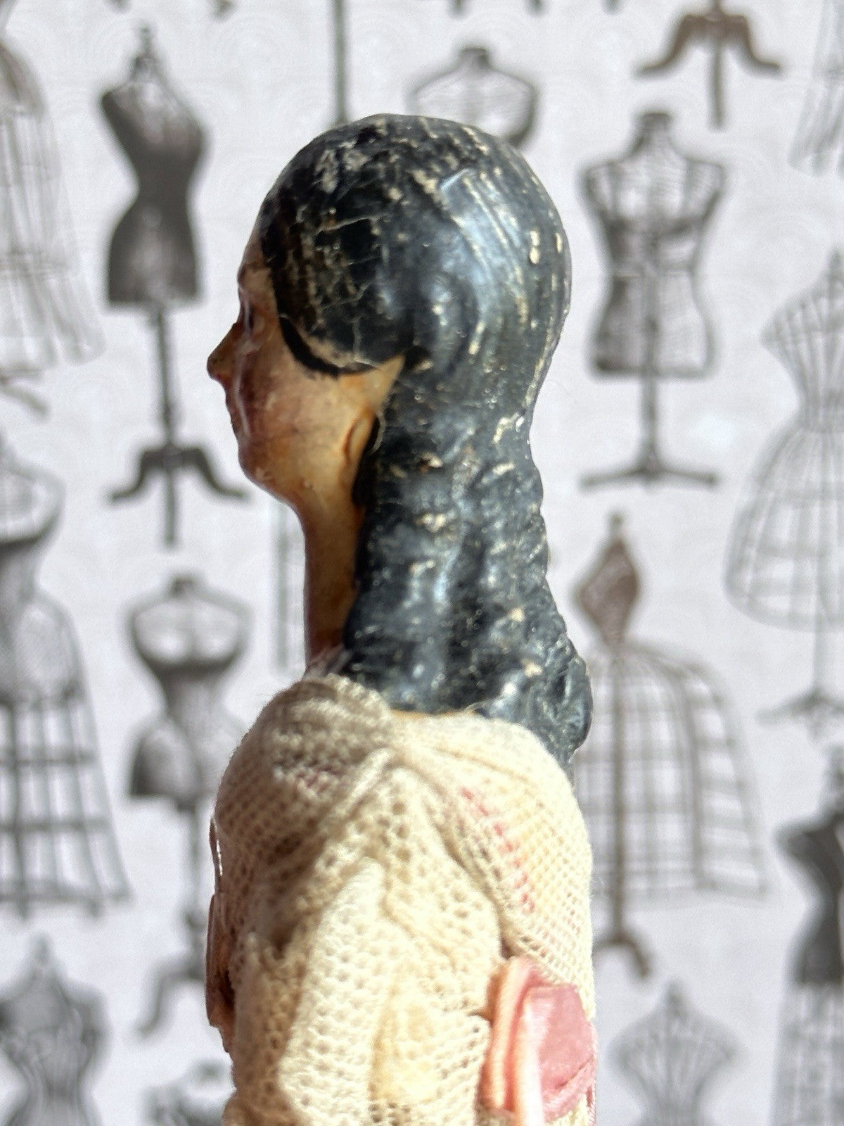 Antique German 6.75” Papier Mache Milliner’s Model Dollhouse Spilled Curls Doll