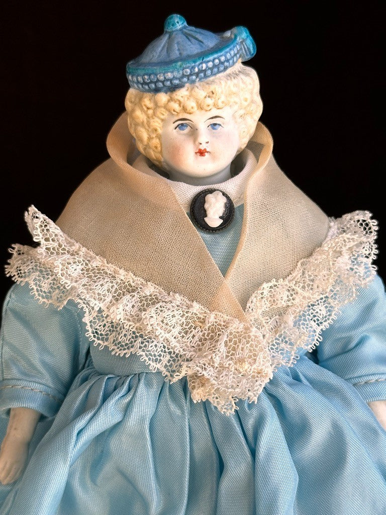 Antique German Hertwig Cabinet Size 8” Bisque Molded Shoulder Plate and Hat Doll