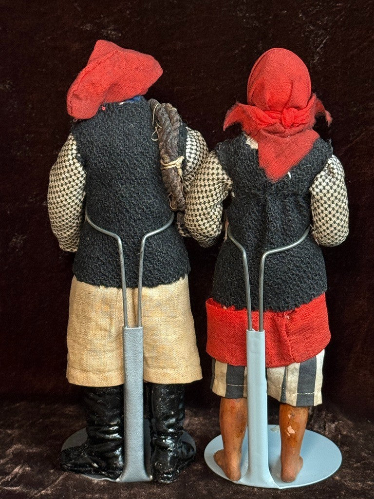 Pair Antique French 9” Terracotta Cloth Fisherman & Fisherwoman Folk Art Dolls