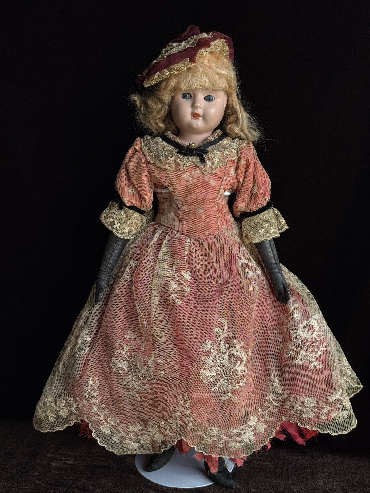 Antique German 22” Minerva Metal Tin Head Fashion Doll with Glass Eyes