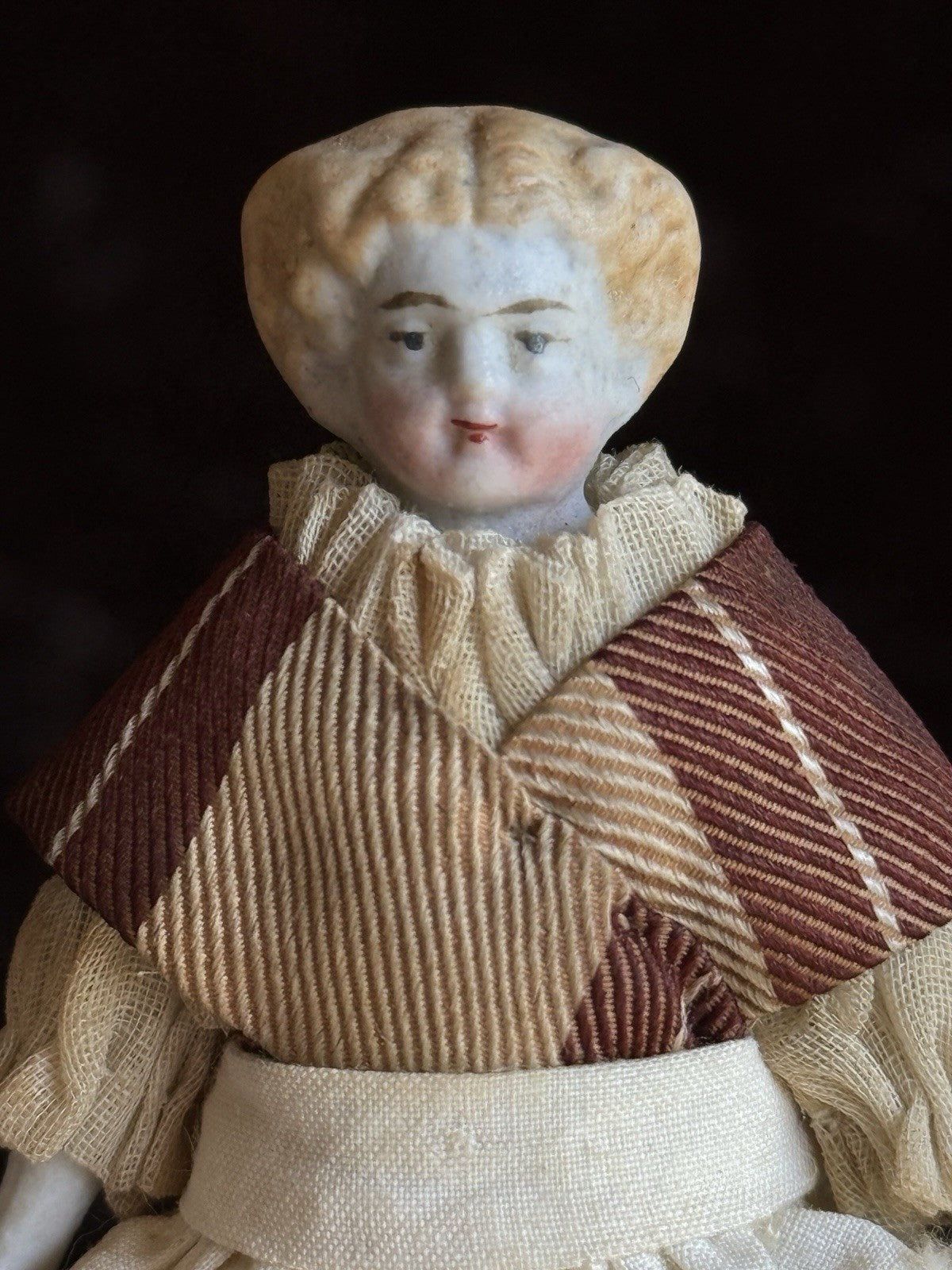 Antique German 3.5” Bisque Cloth Miniature Dollhouse Flat Top Parian Girl Doll