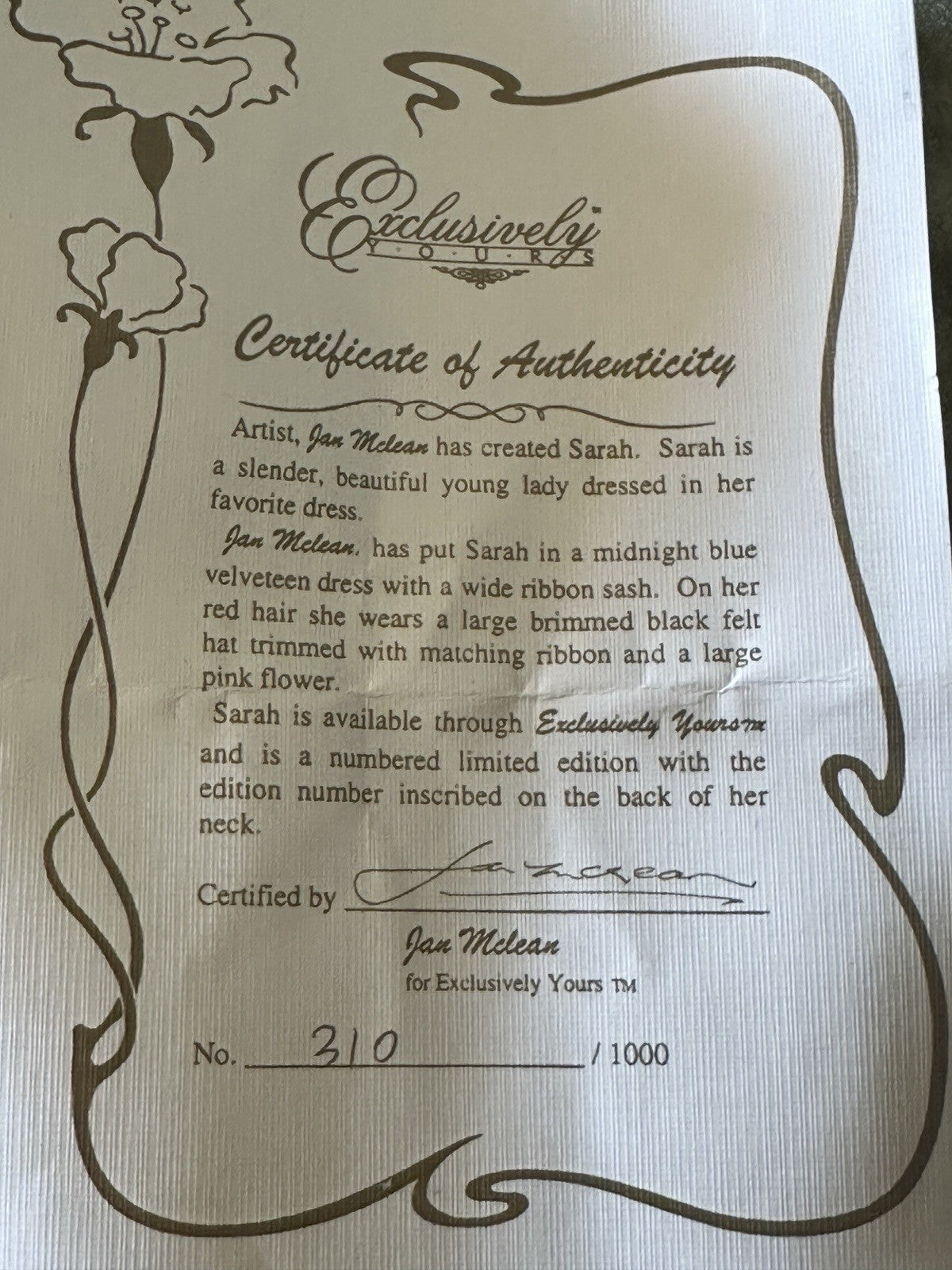 Jan Mclean 26" Porcelain Doll “Sarah” Tag/COA LE 1000