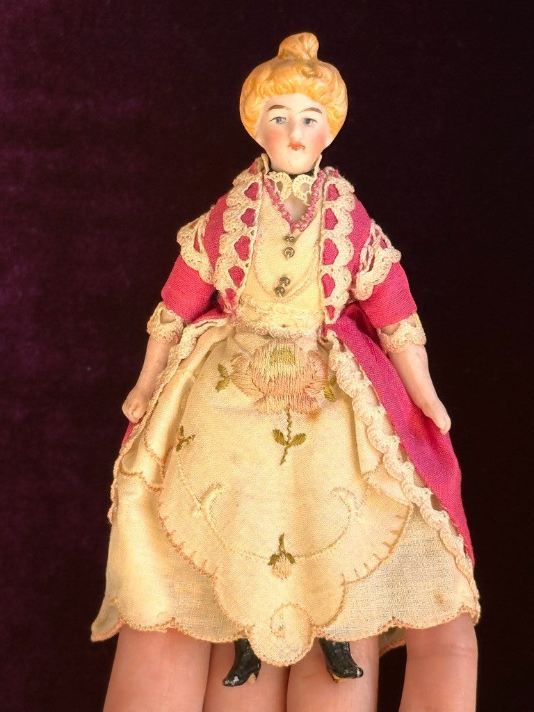 Antique German 4.875” Bisque Cloth Miniature Dollhouse Parian Doll with Bun