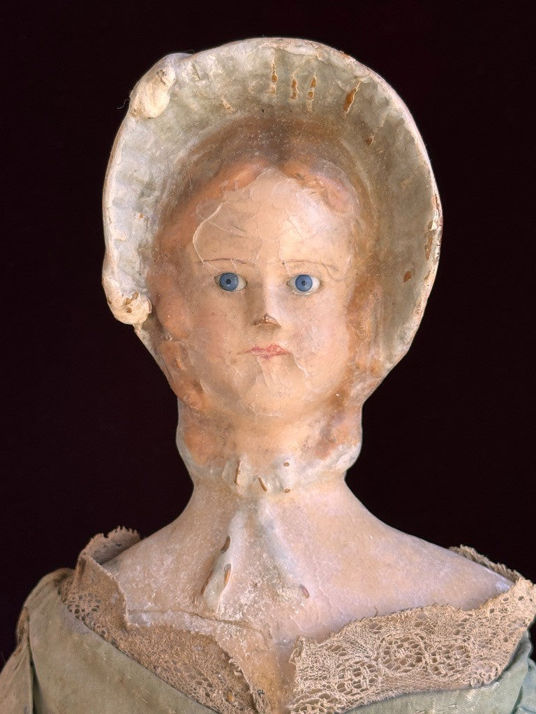 Antique German 18.75” Wax Over Papier Mache Milliner’s Model Molded Bonnet Doll