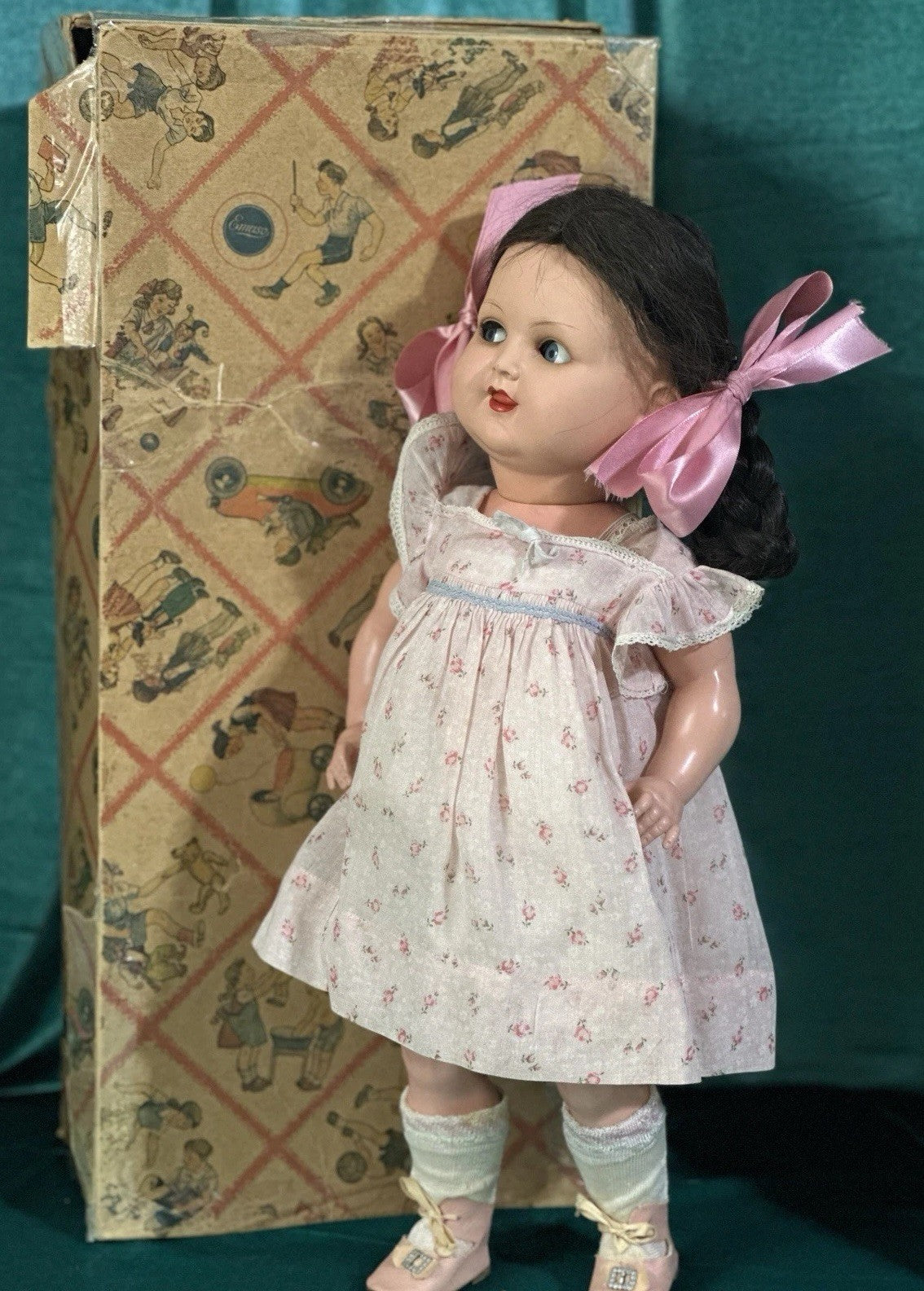 Antique German Koenig Wernicke Celluloid Flirty Eyes 18” Doll Original (?) Box