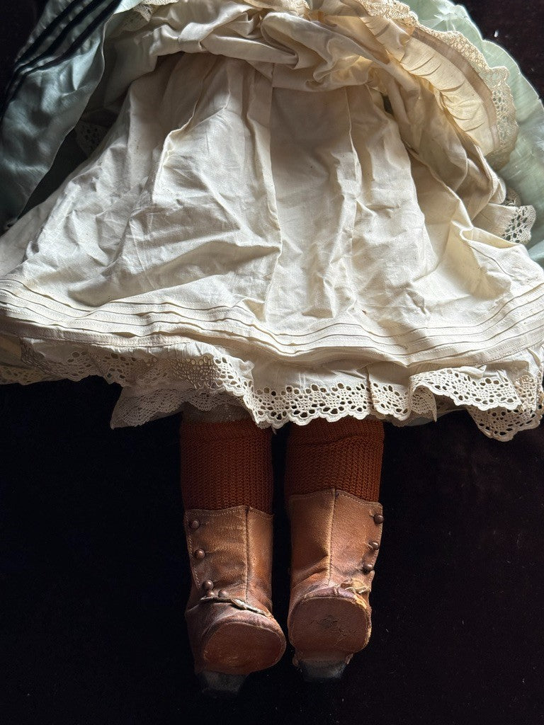 Antique German 23” Early Kestner Turned Bisque Shoulder Head Leather Body Doll