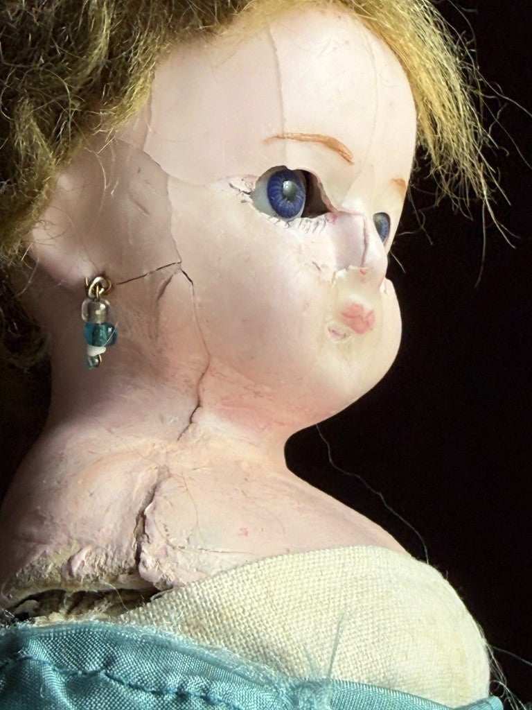 Antique German 16” Wax over Papier Mache Shoulder Head Cloth Body Fashion Doll