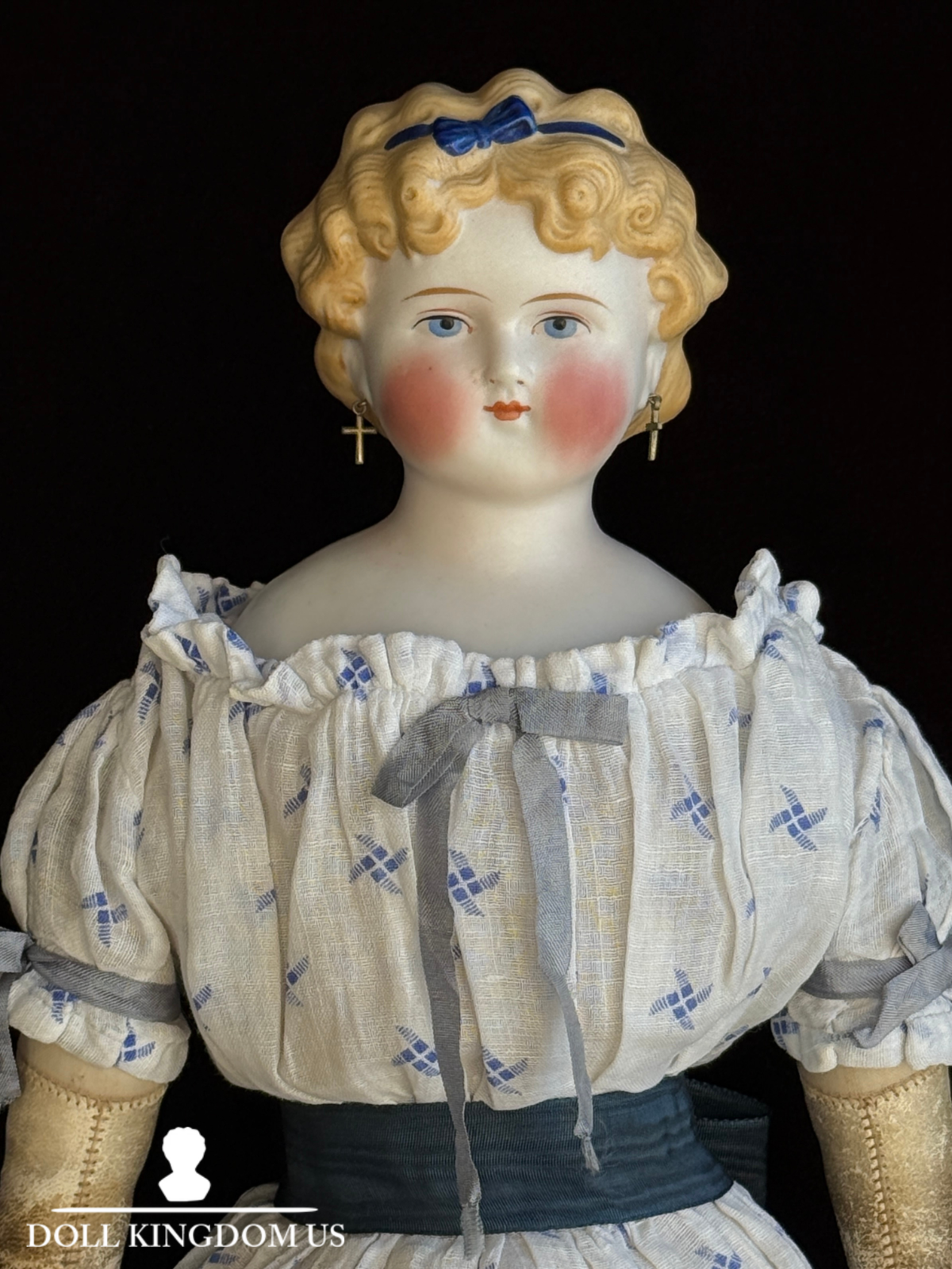 Antique German 17.5” Dolly Madison China Parian Bisque Head Doll Pierced Ears