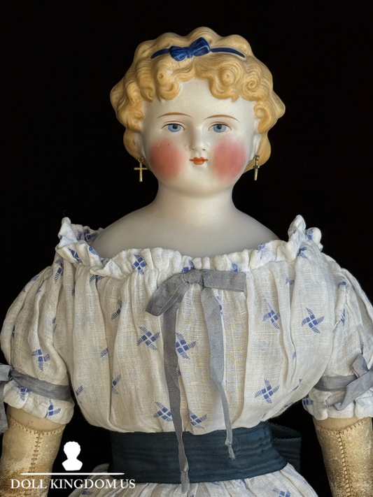 Antique German 17.5” Dolly Madison China Parian Bisque Head Doll Pierced Ears