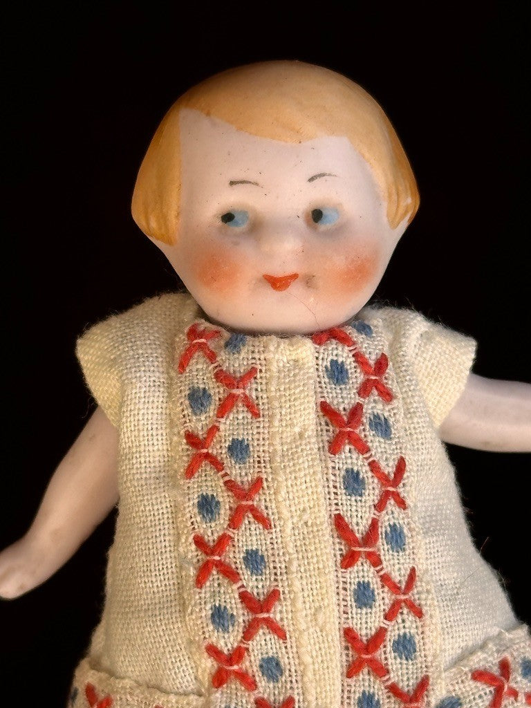 Antique German 2.75” Hertwig Dollhouse All Bisque Googly Eyes Miniature Doll