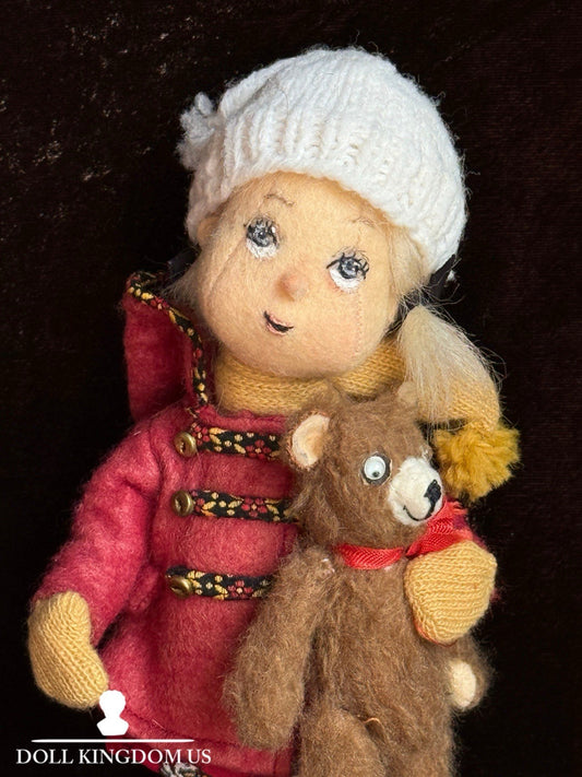 Miniature 8” Handmade Felt Cloth Doll with Teddy Bear
