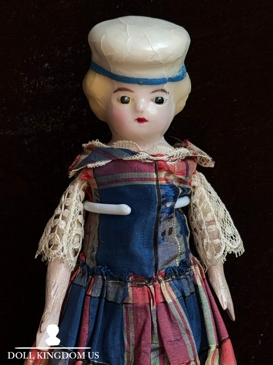 Antique German Cabinet Size 8.25” Wax Over Papier Mache Molded Hat Doll