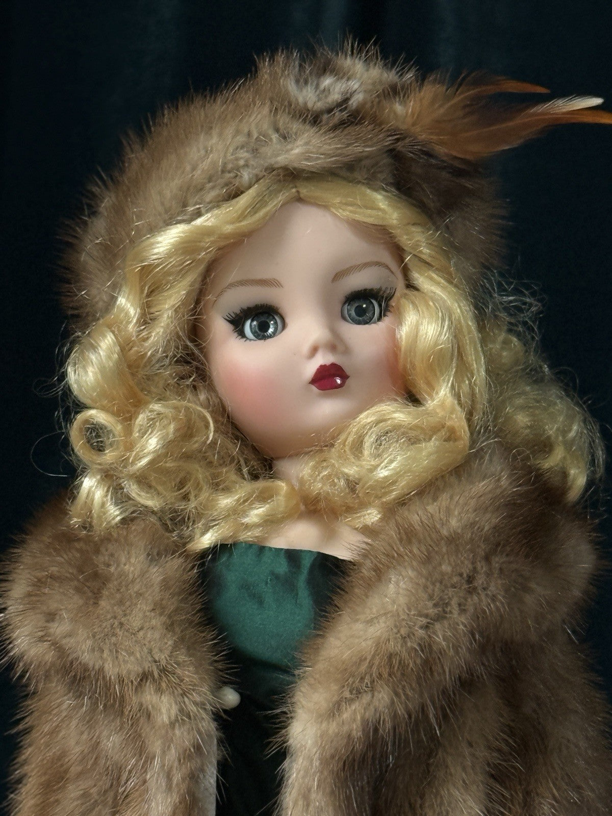 Madame Alexander Cissy Doll In Green Taffeta Dress and Real Fur  (Mink?) Coat