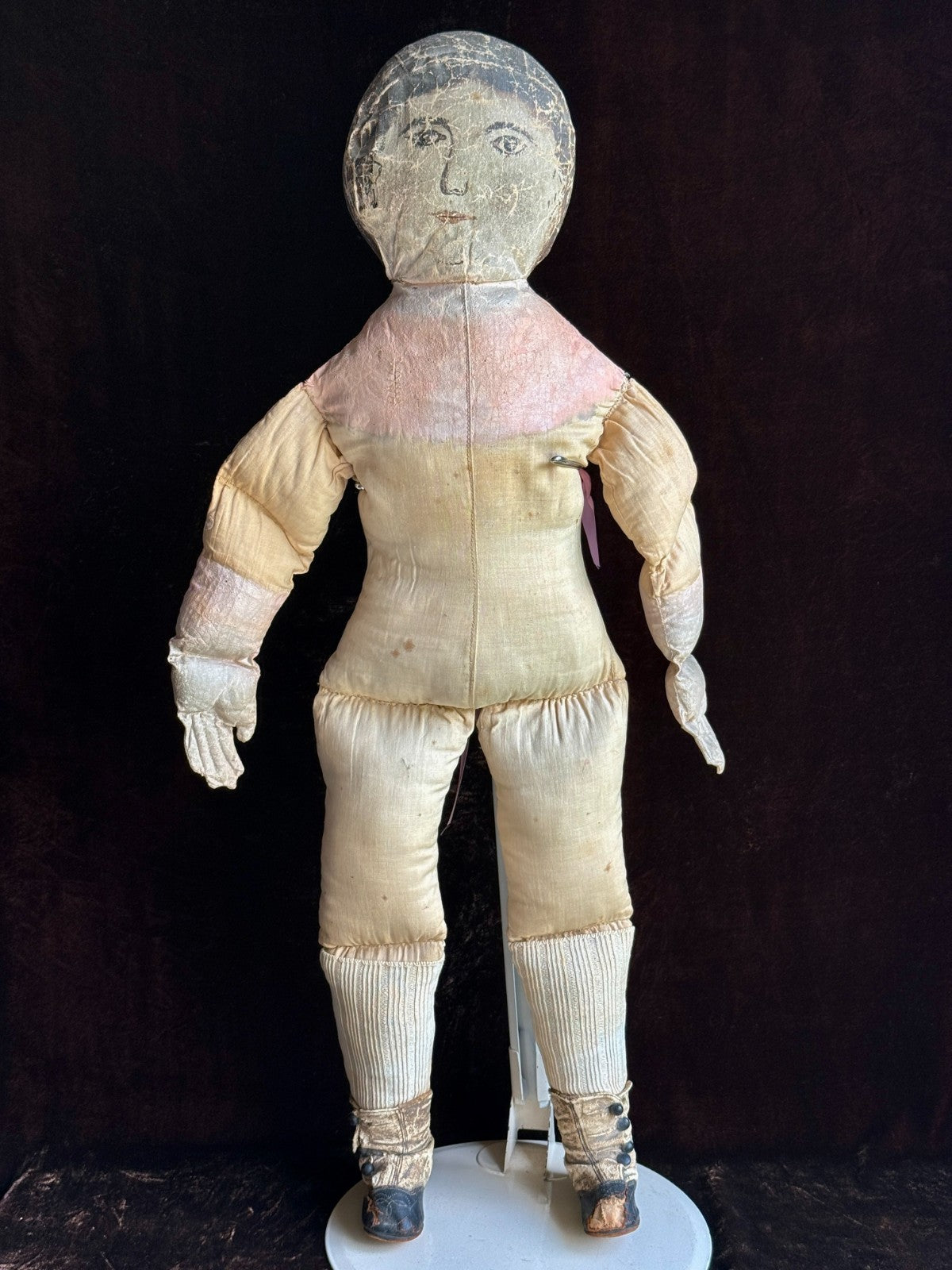 Early Antique American 28” Primitive Folk Cloth Rug Oil Painted Portrait Doll