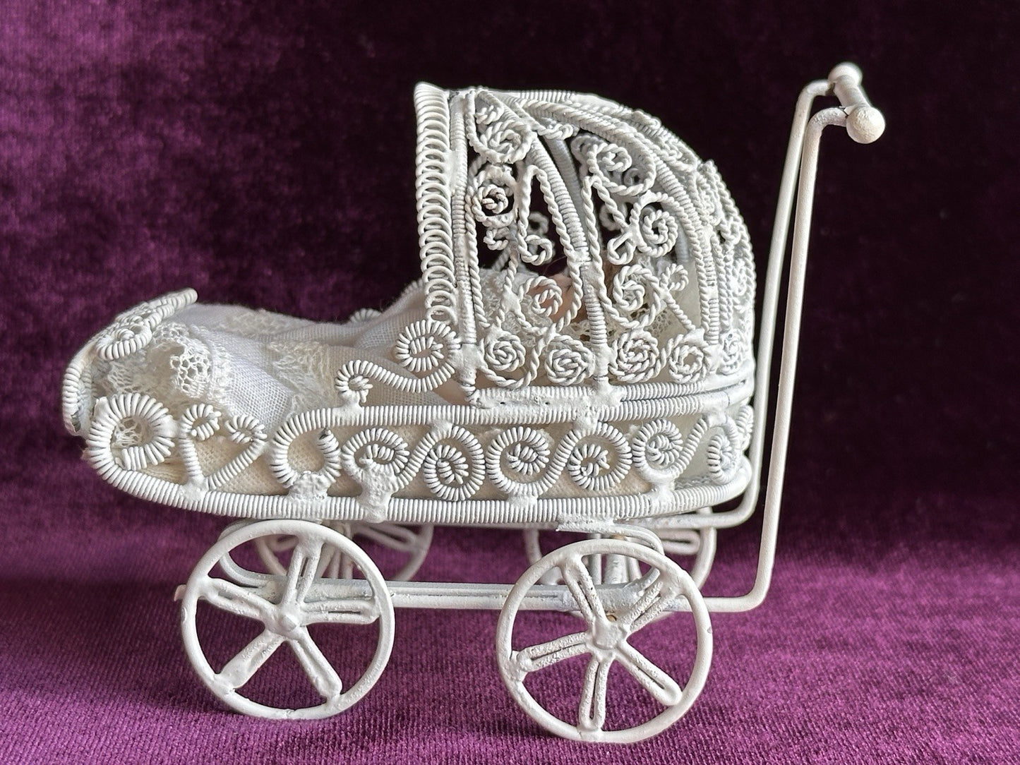 All Porcelain Signed Miniature Hilda (?) Dollhouse Baby Doll in Metal Buggy