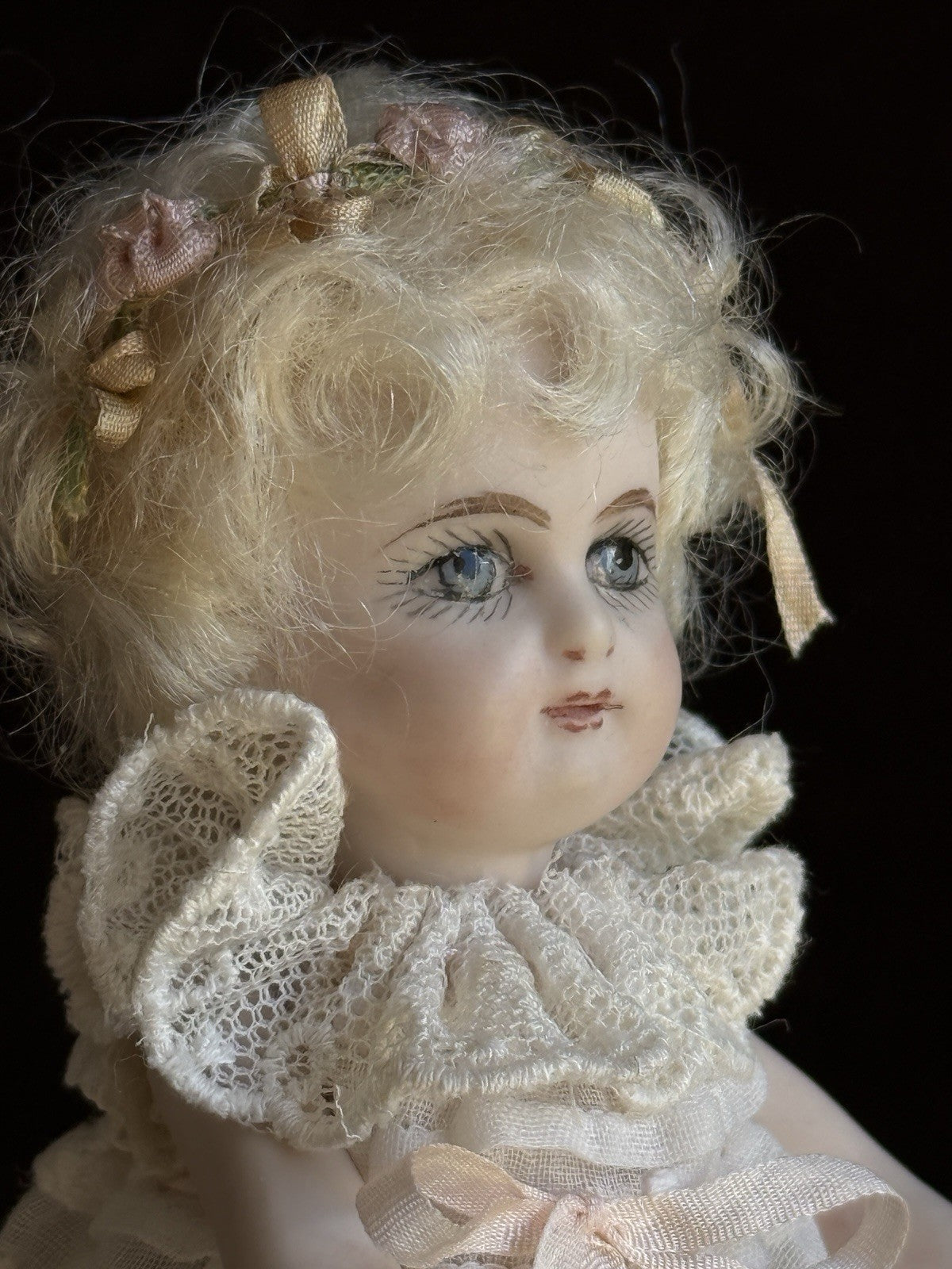 Miniature 5.25” Cathy Hansen Porcelain Repro Antique Mignonette Dollhouse Doll