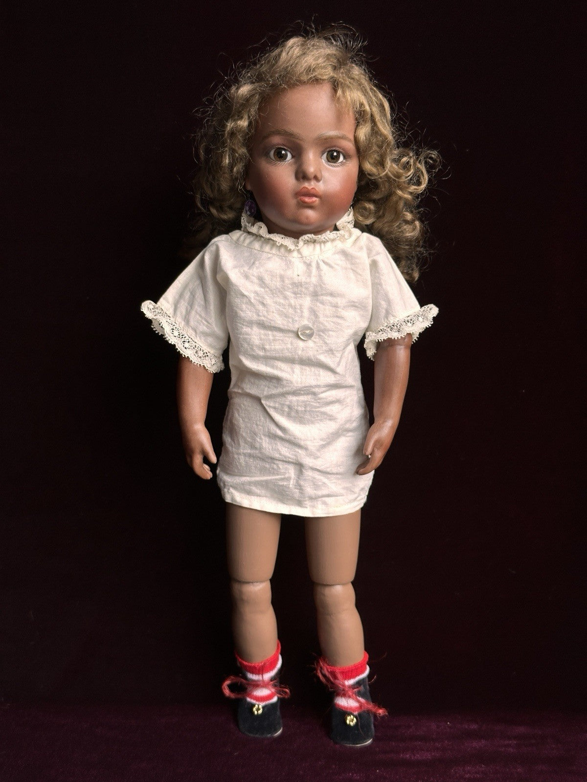 Vintage 11.5” Porcelain Reproduction of French Bru Jne Dark Complexion Doll