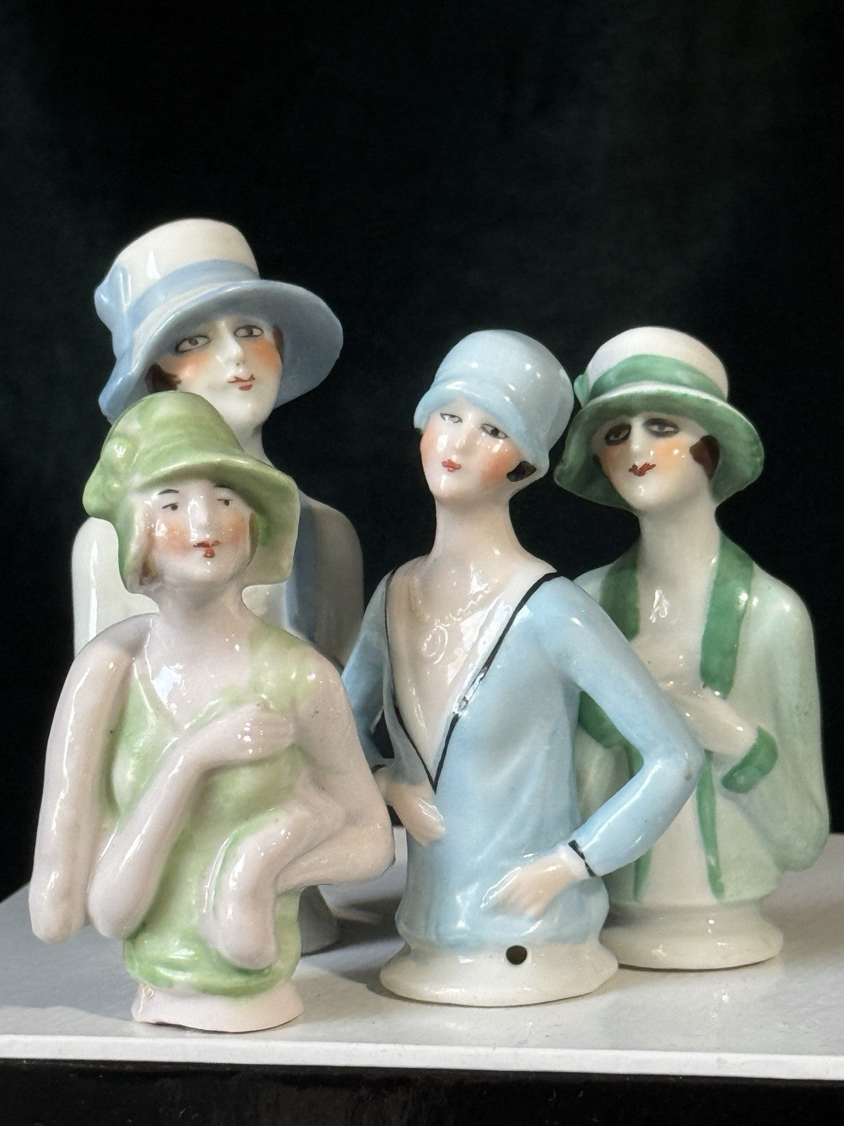 Lot Of 4 German Art Deco Flapper Pin Cushion 4” Half Dolls Arms Attached
