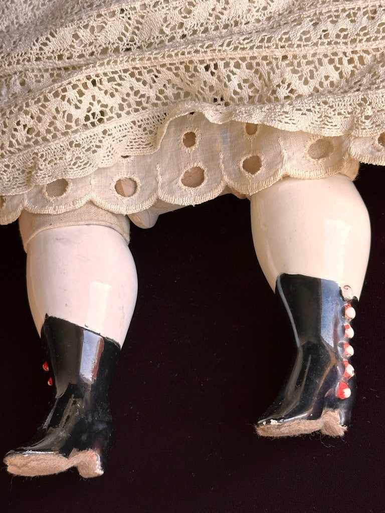 Large Antique German 26” Flat Top Highbrow China Shoulder Head Blonde Doll