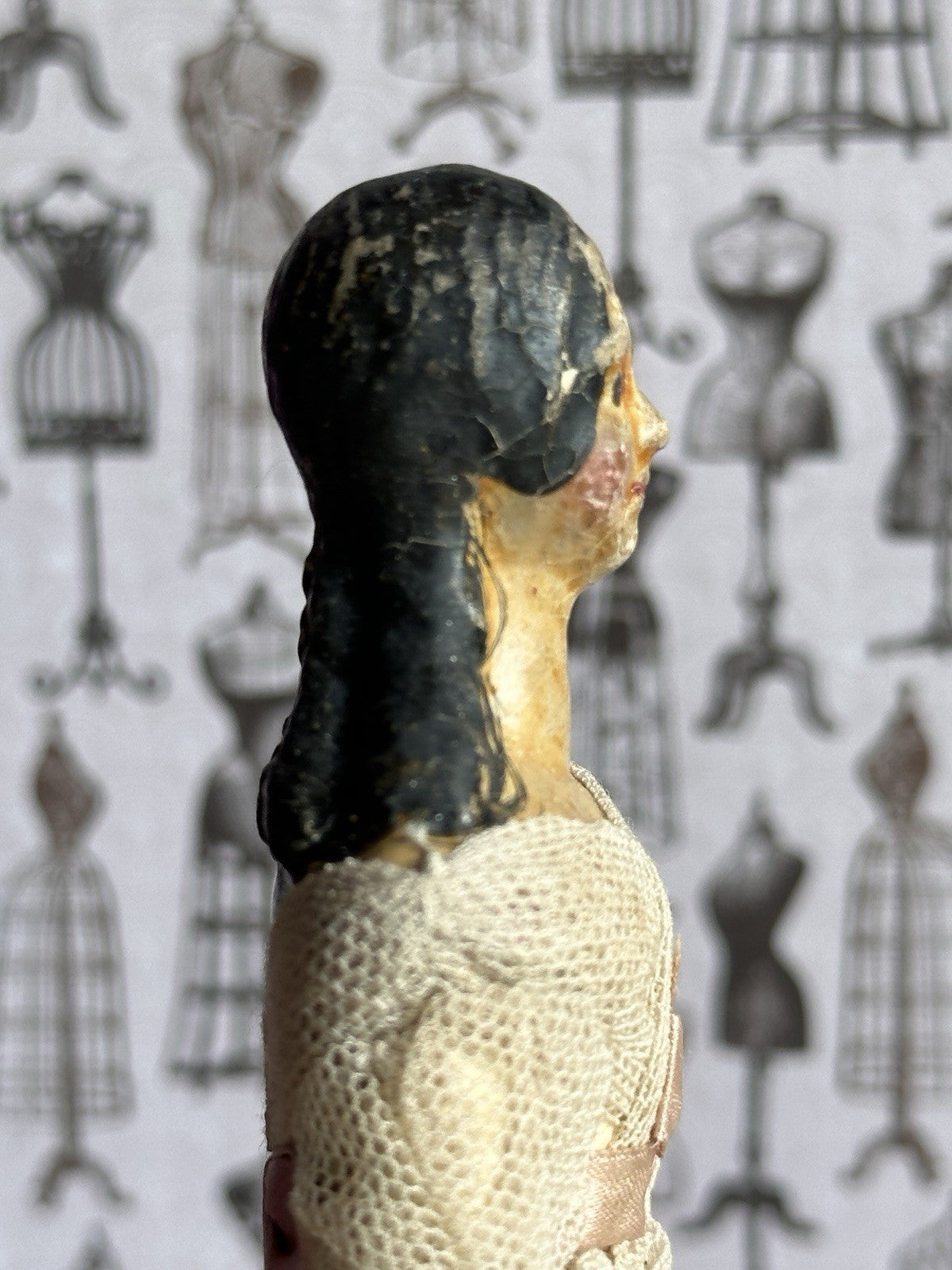 Antique German 6.75” Papier Mache Milliner’s Model Dollhouse Spilled Curls Doll