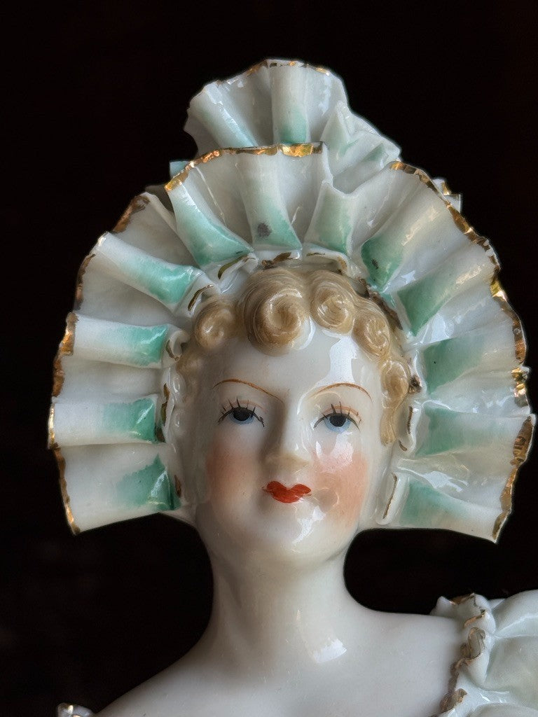 Vintage Japan (?) Cabinet Size 11.75” Dresden Style Molded Lace China Bust Doll