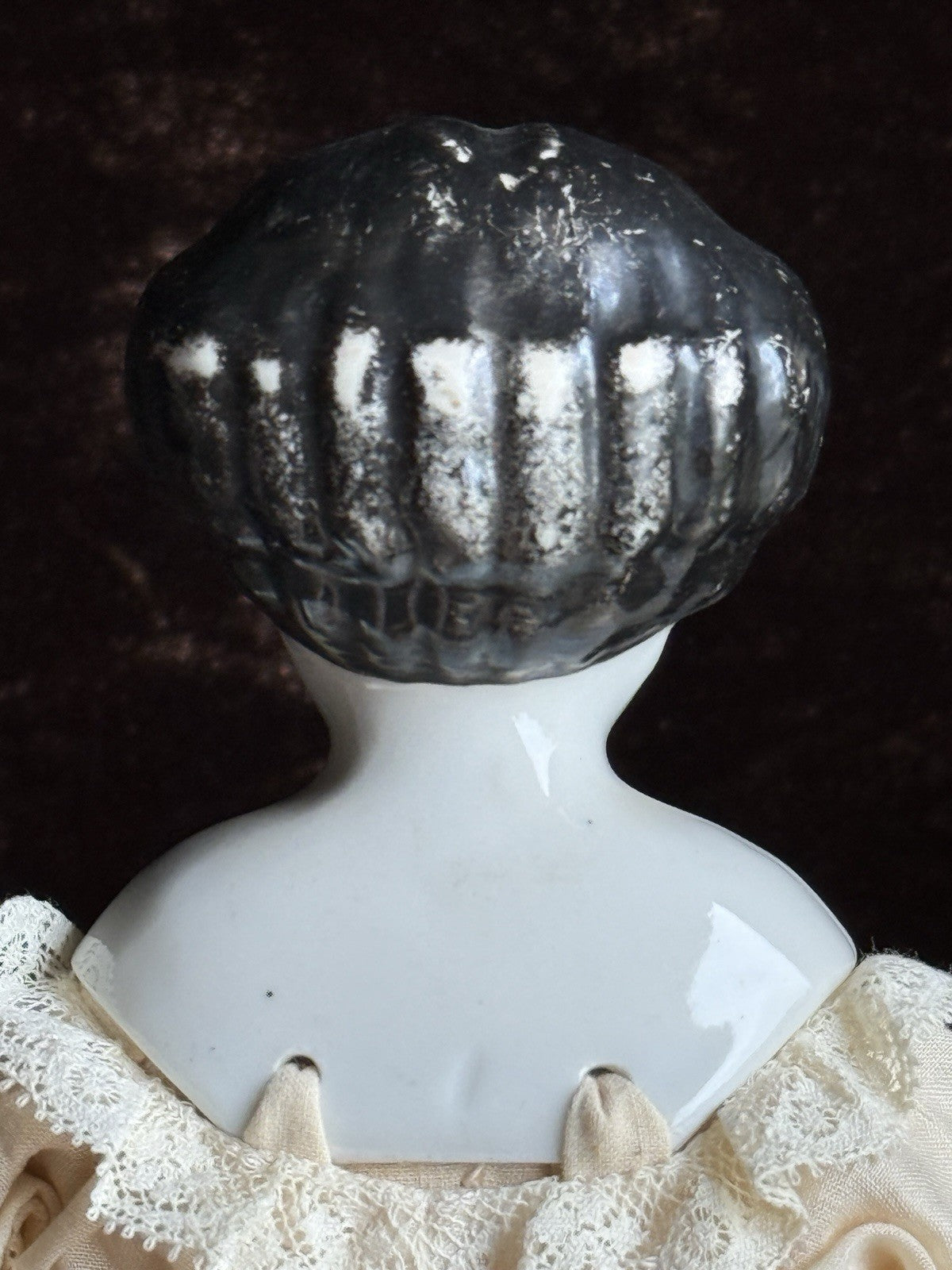 Antique German 14” Flat Top China Head Fashion Doll with Brown Eyes