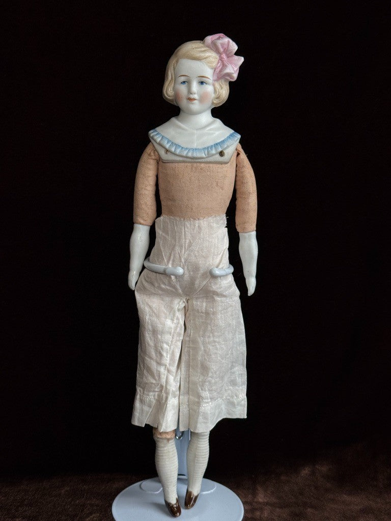 Antique German Hertwig 12” Bisque Molded Shoulder Plate and Bow Girl Doll