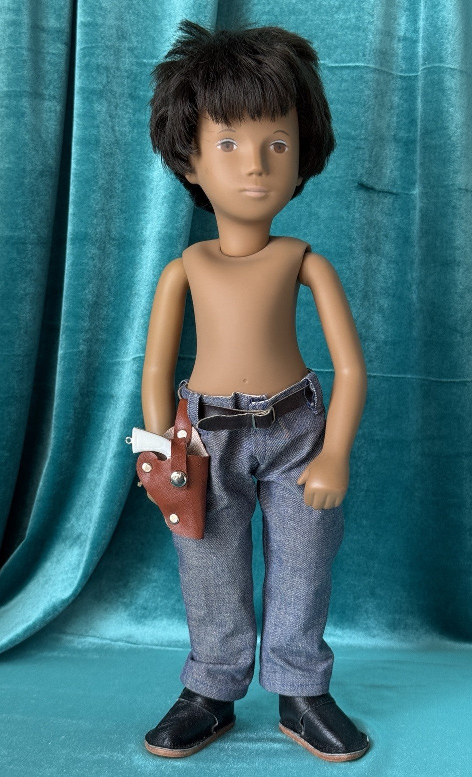 Collectible England Vinyl Brunette Boy Doll; Redressed/Denim Top