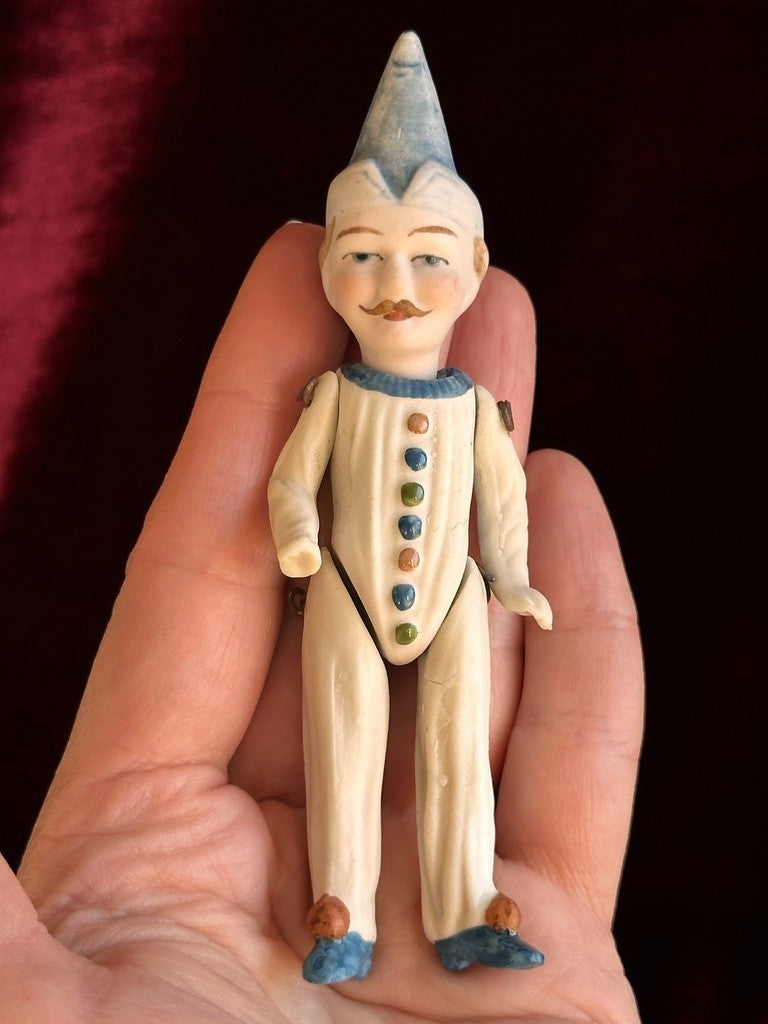 Antique German 4.375” Miniature All Bisque Jester Clown Dollhouse Doll