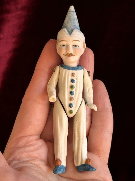 Antique German 4.375” Miniature All Bisque Jester Clown Dollhouse Doll
