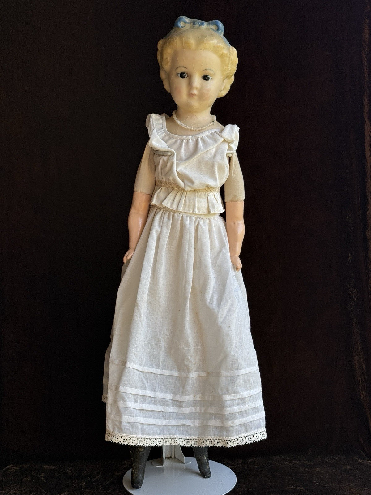 Large Antique German 30” Wax Over Papier Mache Alice Molded Bow Doll