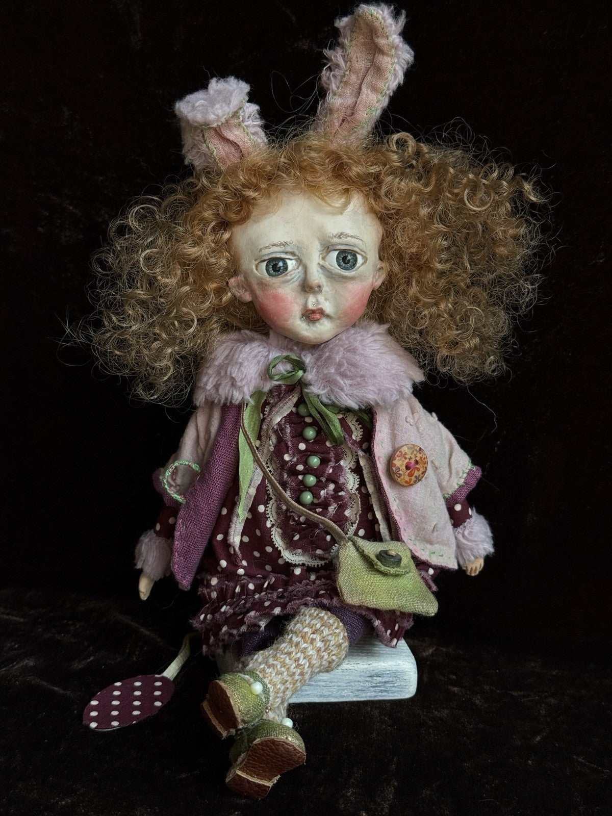 OOAK Contemporary 10.5” Lithuanian Artist Mixed Media Girl Doll with Stand & Tag