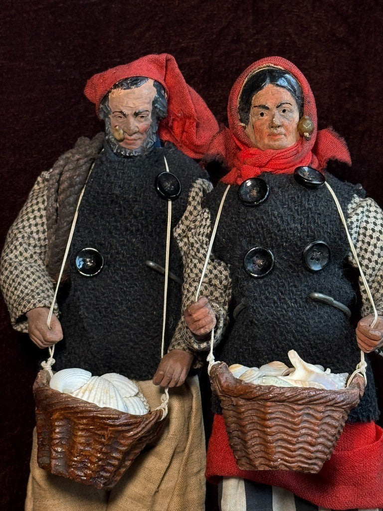 Pair Antique French 9” Terracotta Cloth Fisherman & Fisherwoman Folk Art Dolls