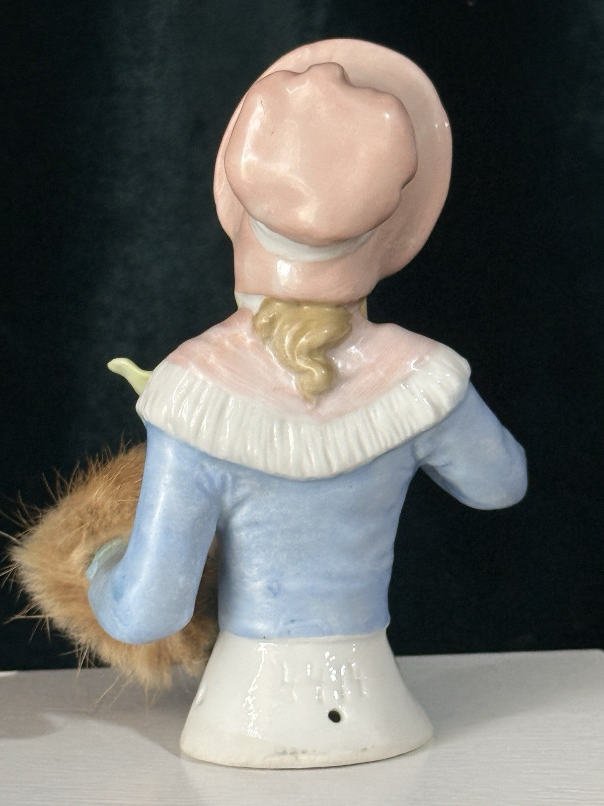 Unidentified Antique German 4.5” Pin Cushion Half Doll Arms Away With Fur Muff
