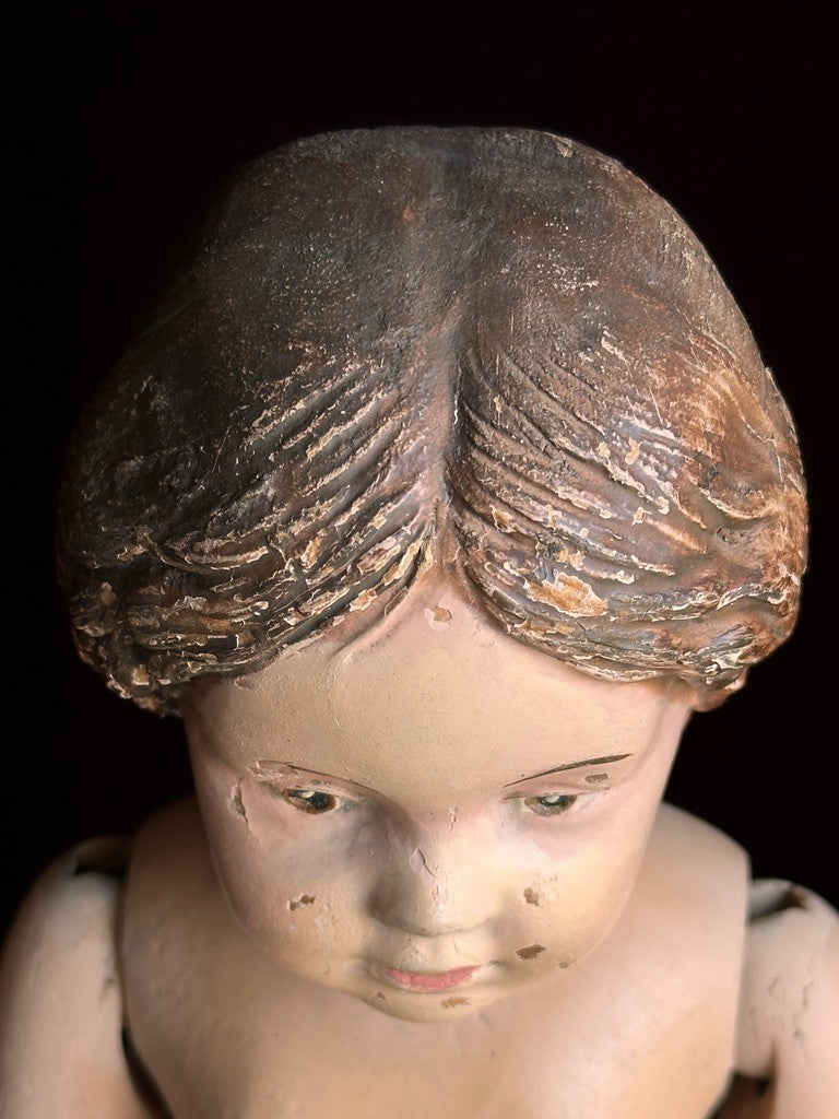 Antique American 16” Schoenhut 102 Series Wooden Doll Carved Braided Hair Bow