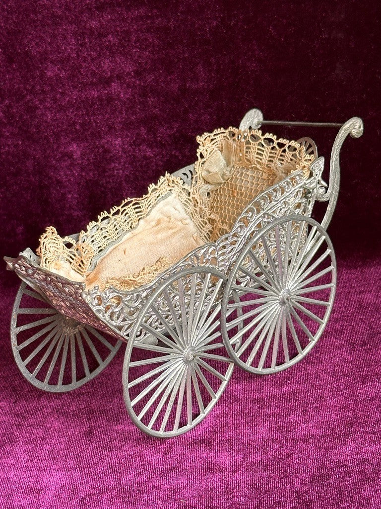 Antique German Miniature All Bisque Limbach 9307 Googly Eye Doll in Carriage