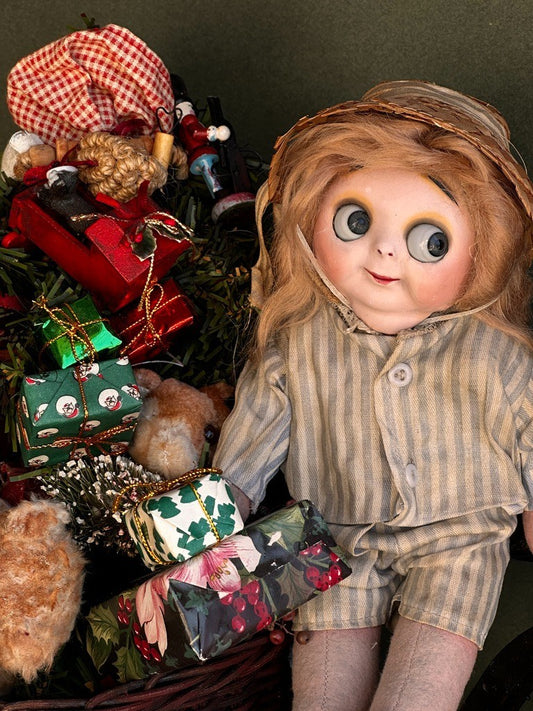 Antique German 9.5" Hug Me Kiddie Felt Composition Face Mask Googly Eyes Doll