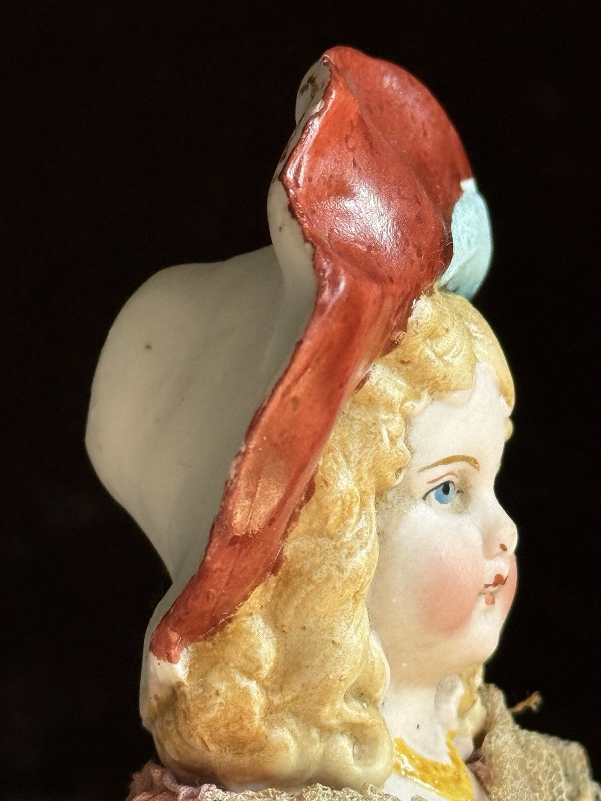 Antique German 7" Hertwig All Bisque Molded Hat Girl Doll