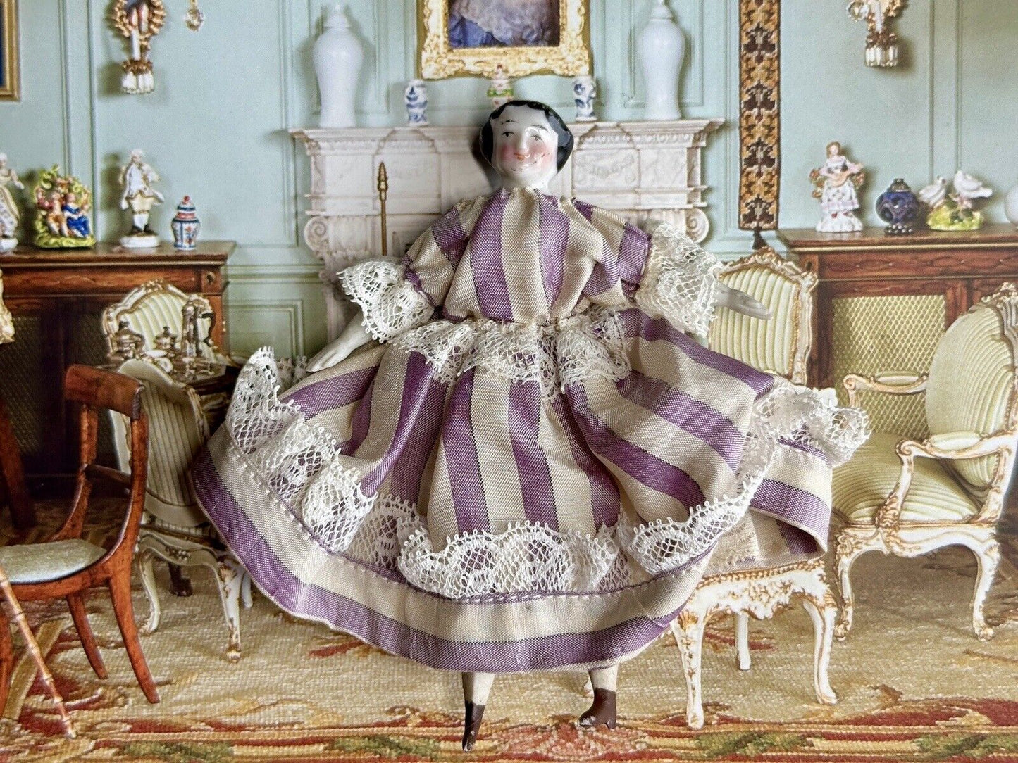 Antique German Miniature Dollhouse 4” Flat Top China Shoulder Head Lady Doll